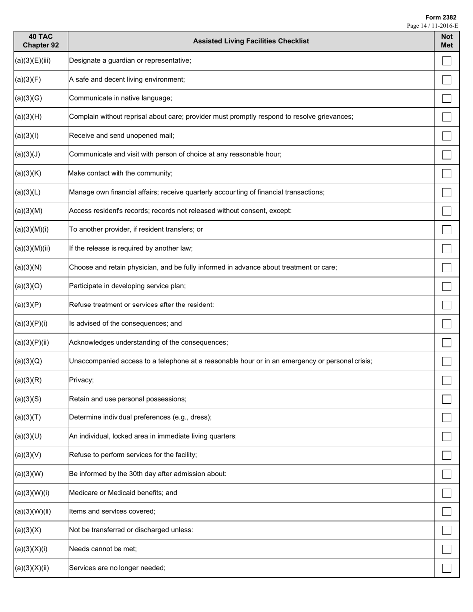 Form 2382 Assisted Living Facilities Checklist - Texas, Page 14
