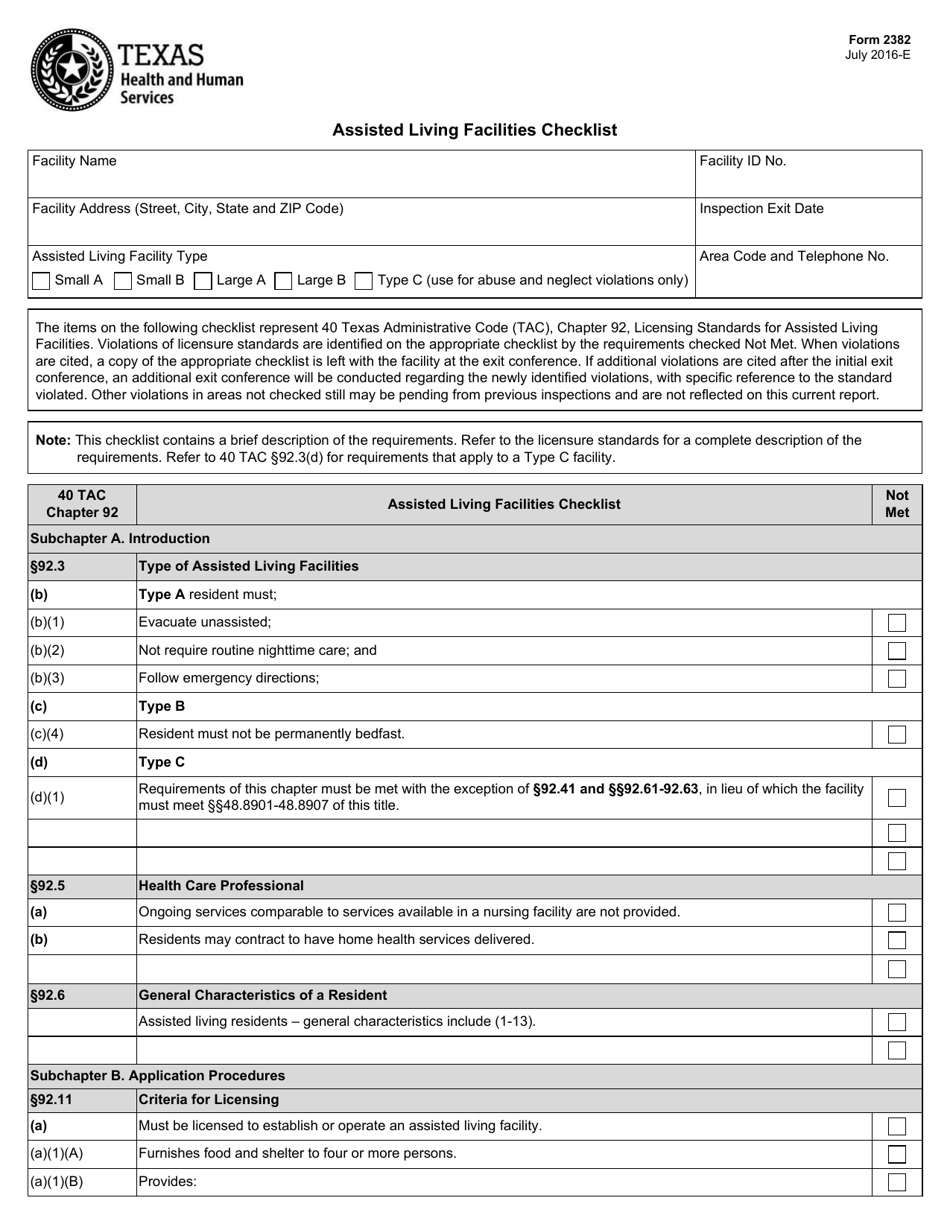 Form 2382 Assisted Living Facilities Checklist - Texas, Page 1