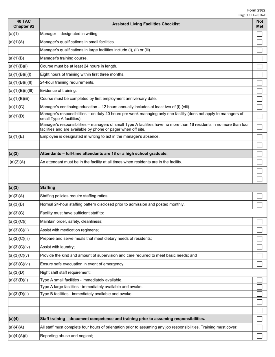 Form 2382 Assisted Living Facilities Checklist - Texas, Page 3