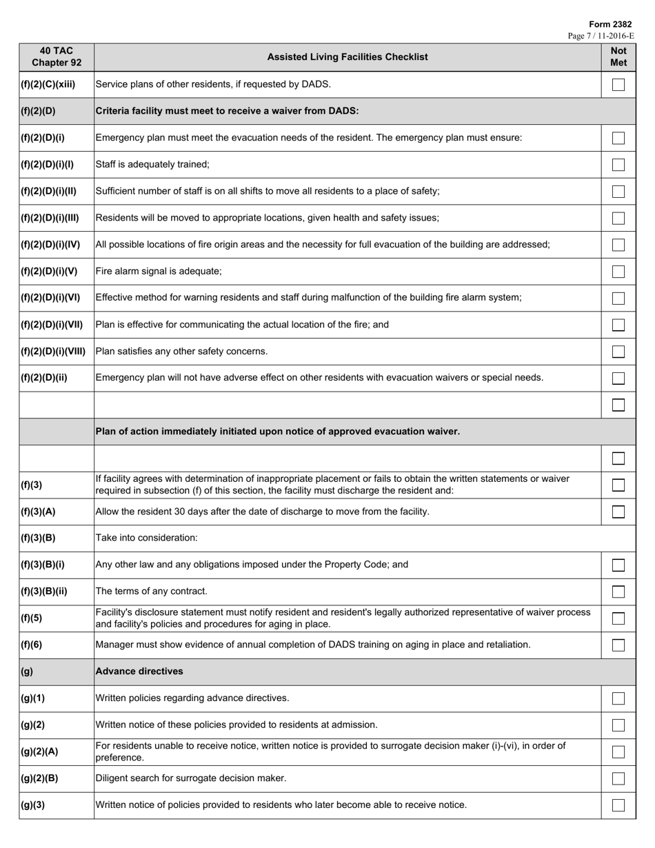 Form 2382 Assisted Living Facilities Checklist - Texas, Page 7