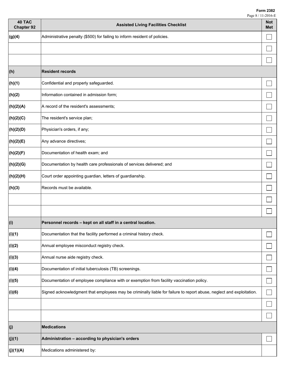 Form 2382 Assisted Living Facilities Checklist - Texas, Page 8