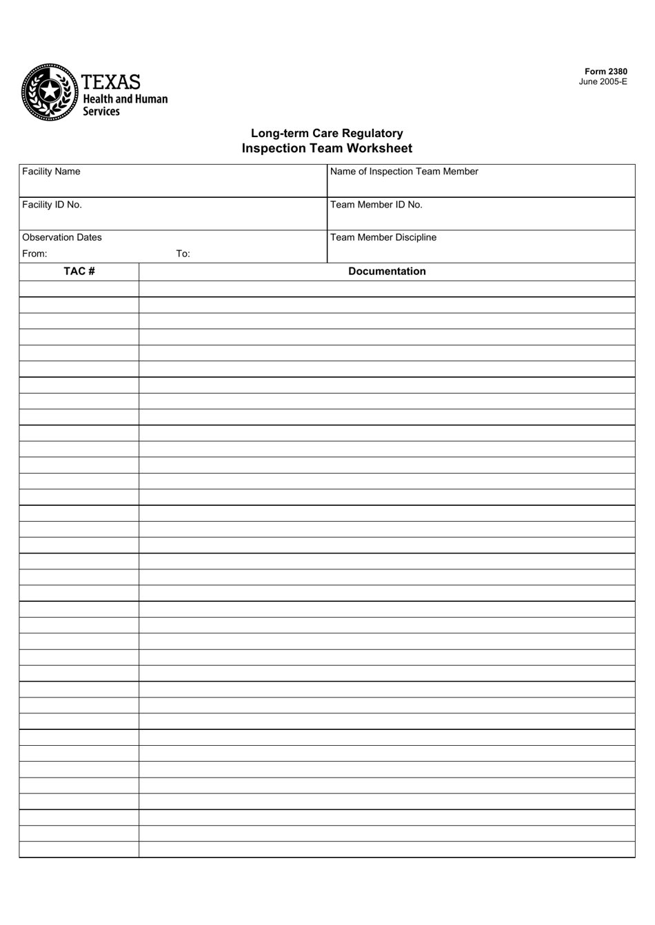 Form 2380 Long-Term Care Regulatory Inspection Team Worksheet - Texas, Page 1