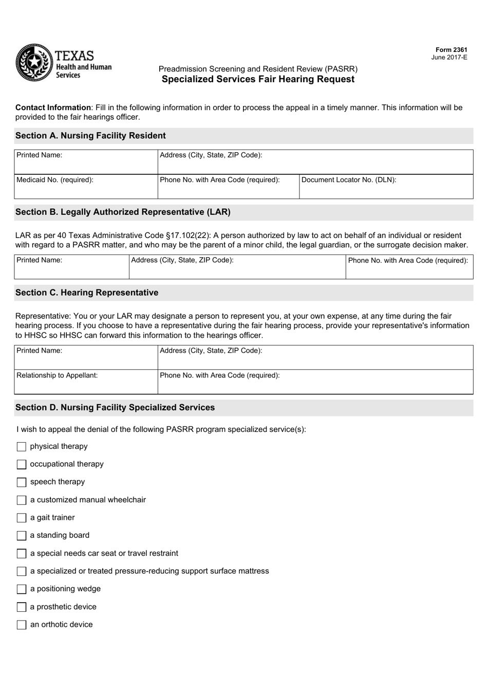 Form 2361 Preadmission Screening and Resident Review (Pasrr) Specialized Services Fair Hearing Request - Texas, Page 1