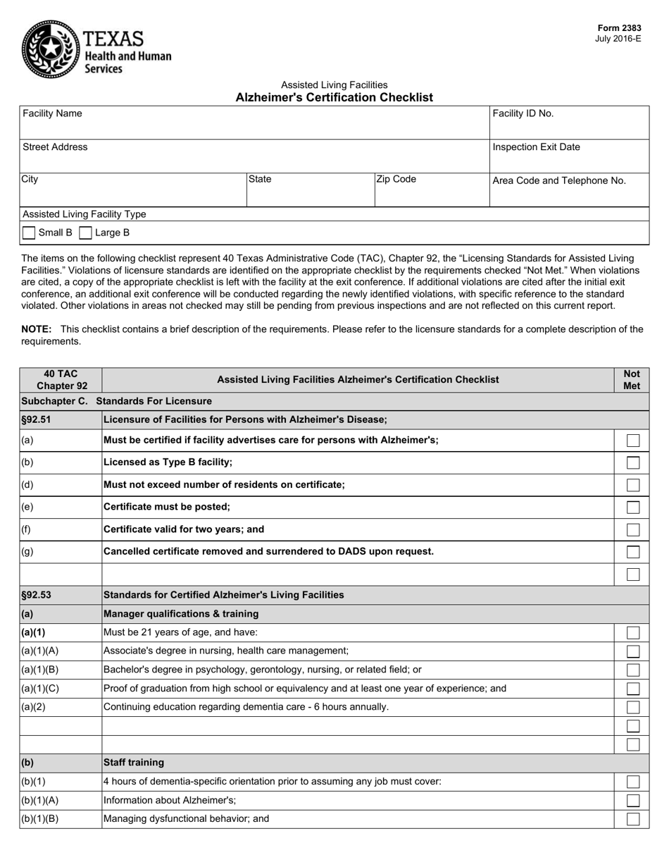 Form 2383 Alzheimers Certification Checklist - Texas, Page 1