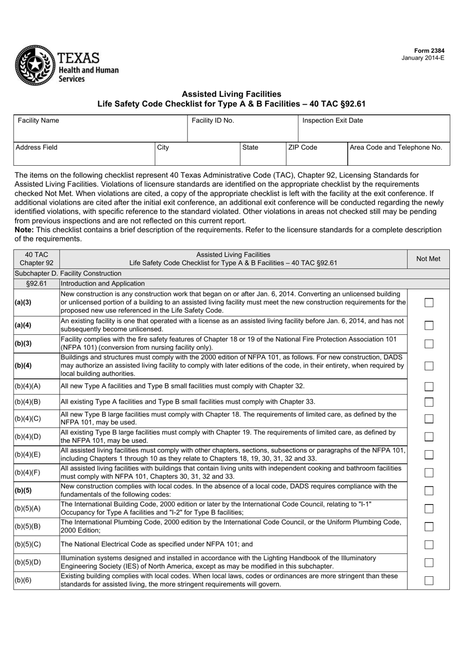 Form 2384 Assisted Living Facilities Life Safety Code Checklist for Type a  B Facilities - 40 Tac Section 92.61 - Texas, Page 1