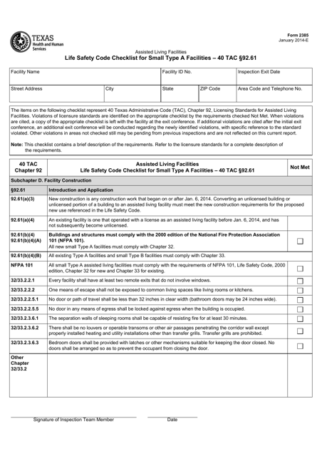 Form 2385 Life Safety Code Checklist for Small Type a Facilities - 40 Tac Section 92.61 - Texas