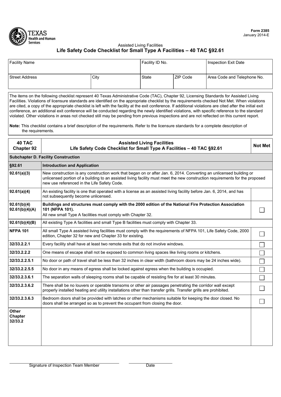 Form 2385 Life Safety Code Checklist for Small Type a Facilities - 40 Tac Section 92.61 - Texas, Page 1