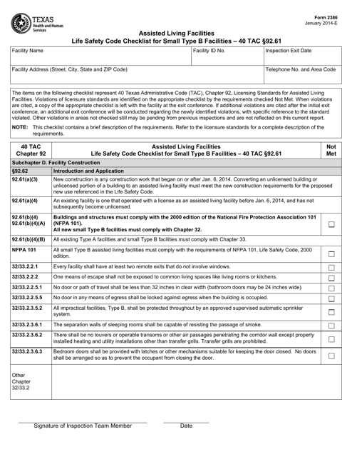 Form 2386 Assisted Living Facilities Life Safety Code Checklist for Small Type B Facilities - 40 Tac Section 92.61 - Texas