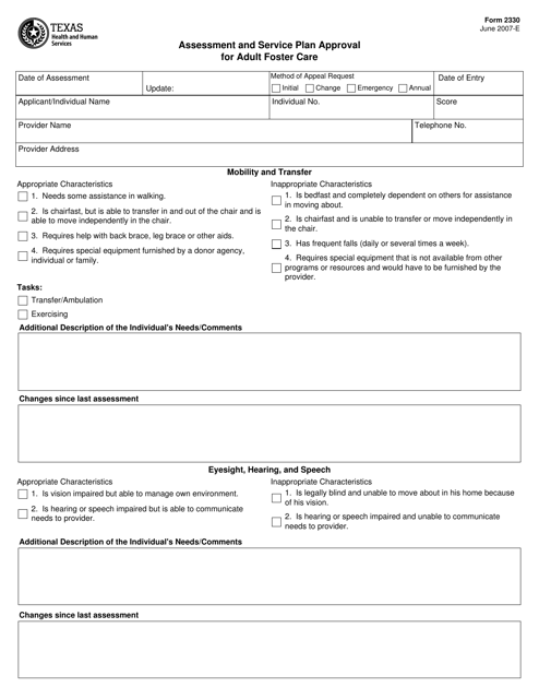 Form 2330 Assessment and Service Plan Approval for Adult Foster Care - Texas