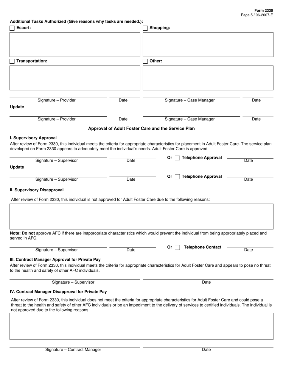 Form 2330 Assessment and Service Plan Approval for Adult Foster Care - Texas, Page 5