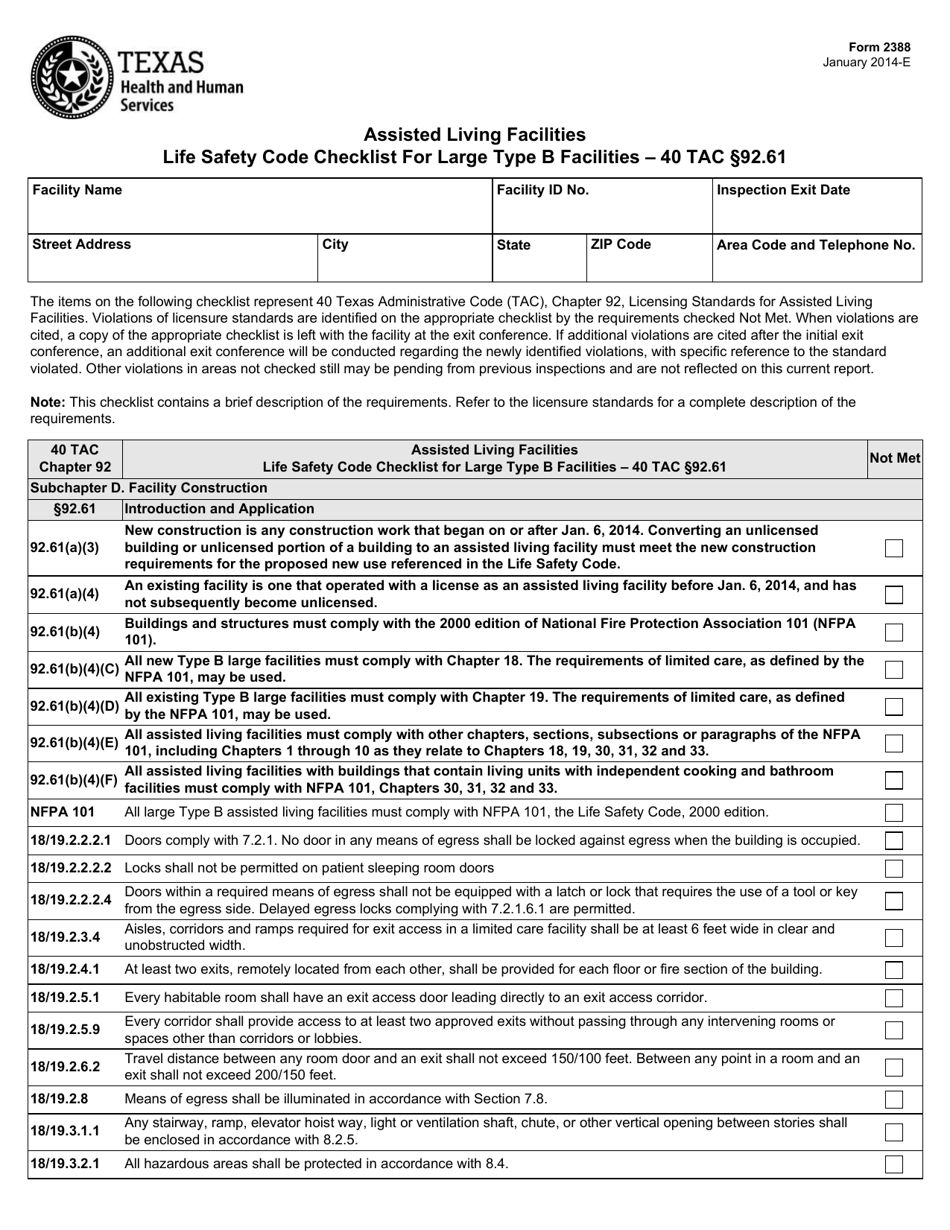 Form 2388 Assisted Living Facilities Life Safety Code Checklist for Large Type B Facilities ' 40 Tac Section 92.61 - Texas, Page 1