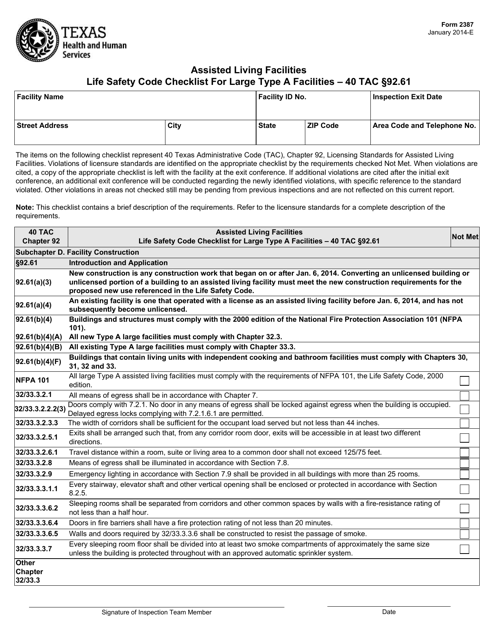 Form 2387 Assisted Living Facilities Life Safety Code Checklist for Large Type a Facilities " 40 Tac Section 92.61 - Texas