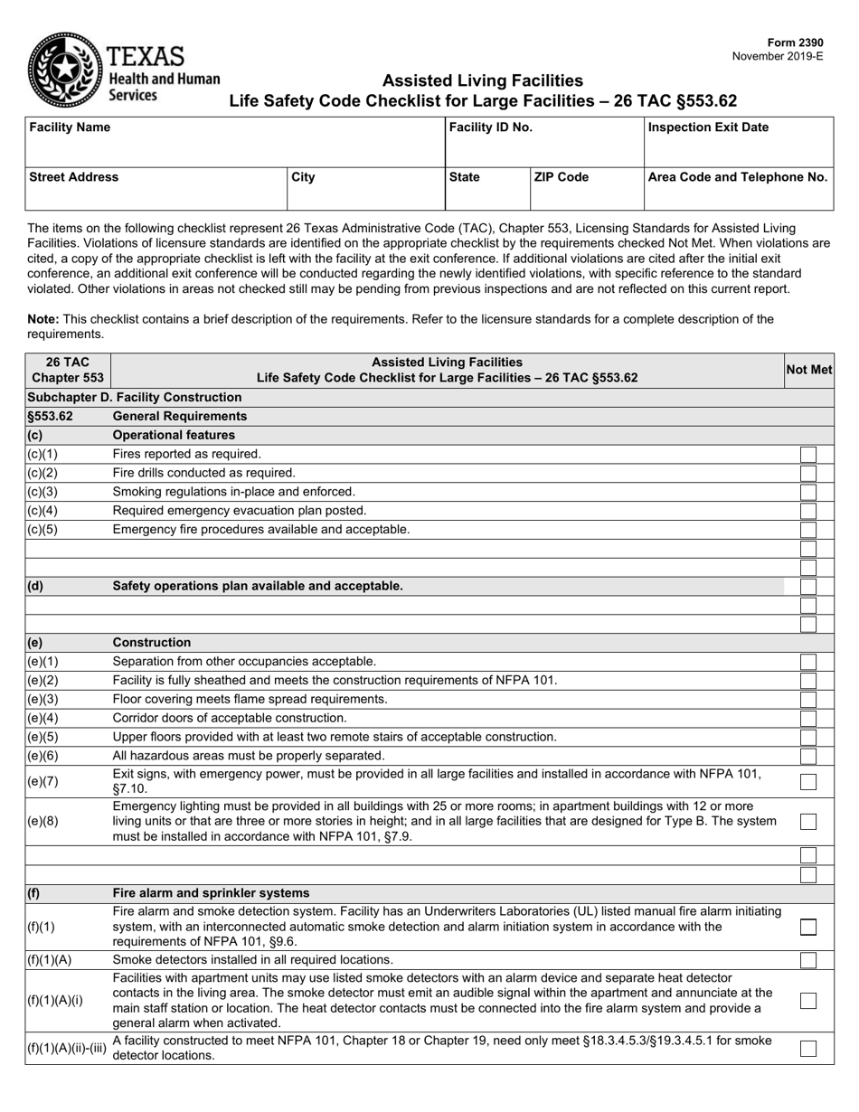 Form 2390 Assisted Living Facilities Life Safety Code Checklist for Large Facilities - 26 Tac Section 553.62 - Texas, Page 1