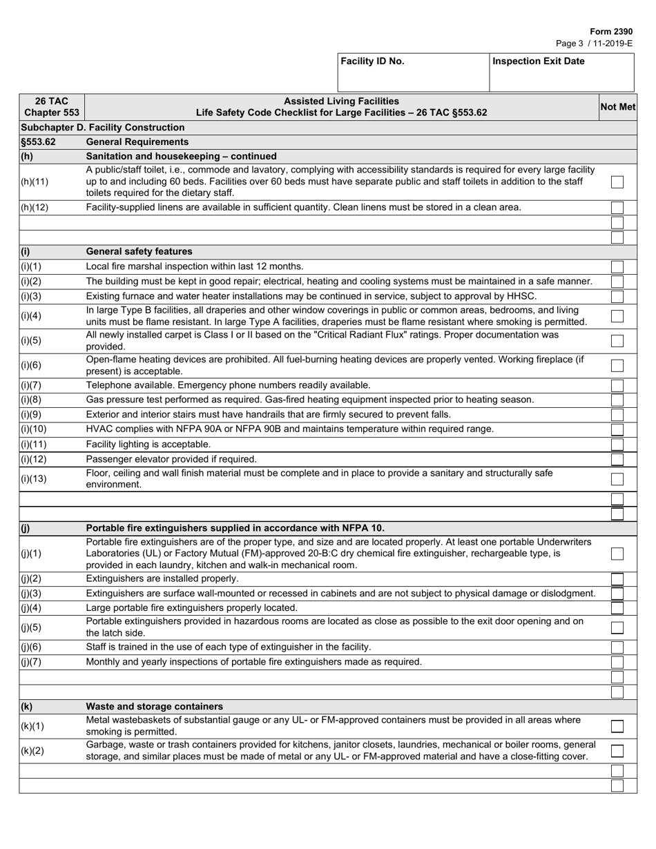 Form 2390 Assisted Living Facilities Life Safety Code Checklist for Large Facilities - 26 Tac Section 553.62 - Texas, Page 3