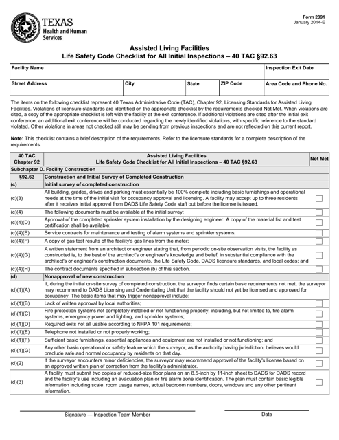Form 2391 Assisted Living Facilities Life Safety Code Checklist for All Initial Inspections - 40 Tac Section 92.63 - Texas