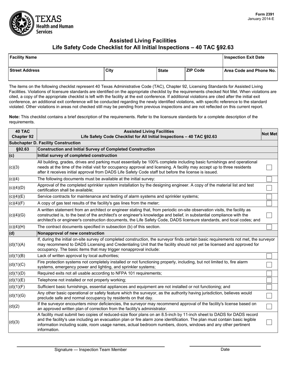 Form 2391 Assisted Living Facilities Life Safety Code Checklist for All Initial Inspections - 40 Tac Section 92.63 - Texas, Page 1