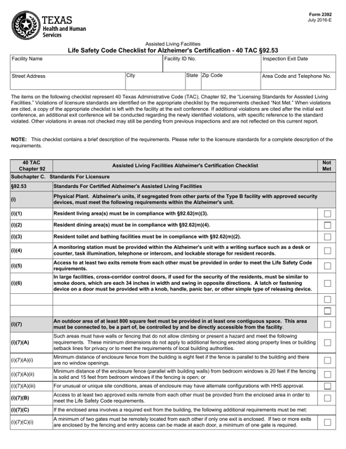 Form 2392 Life Safety Code Checklist for Alzheimer's Certification - 40 Tac 92.53 - Texas