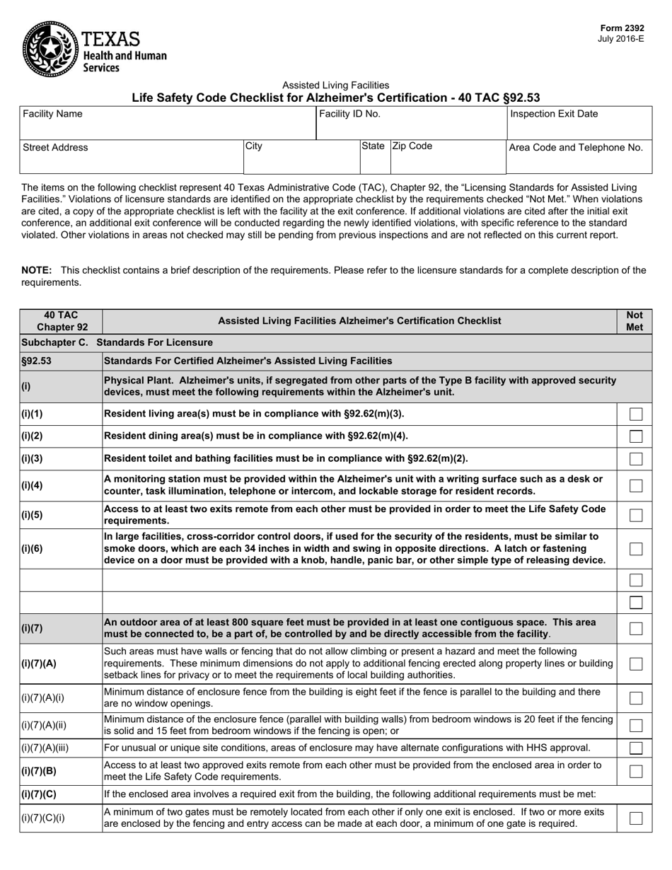 Form 2392 Life Safety Code Checklist for Alzheimers Certification - 40 Tac 92.53 - Texas, Page 1
