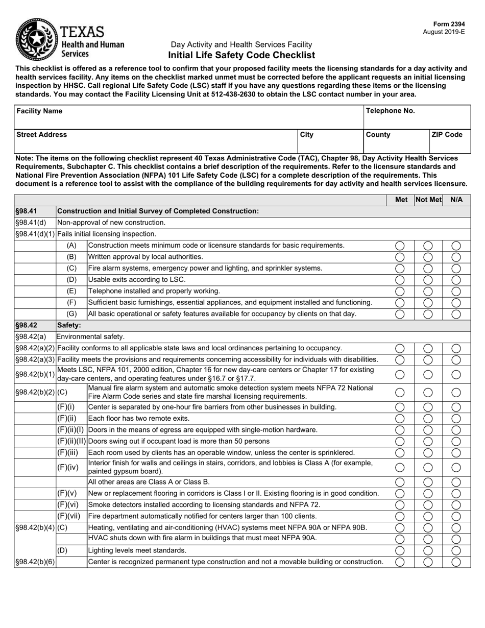Form 2394 Day Activity and Health Services Facility Initial Life Safety Code Checklist - Texas, Page 1