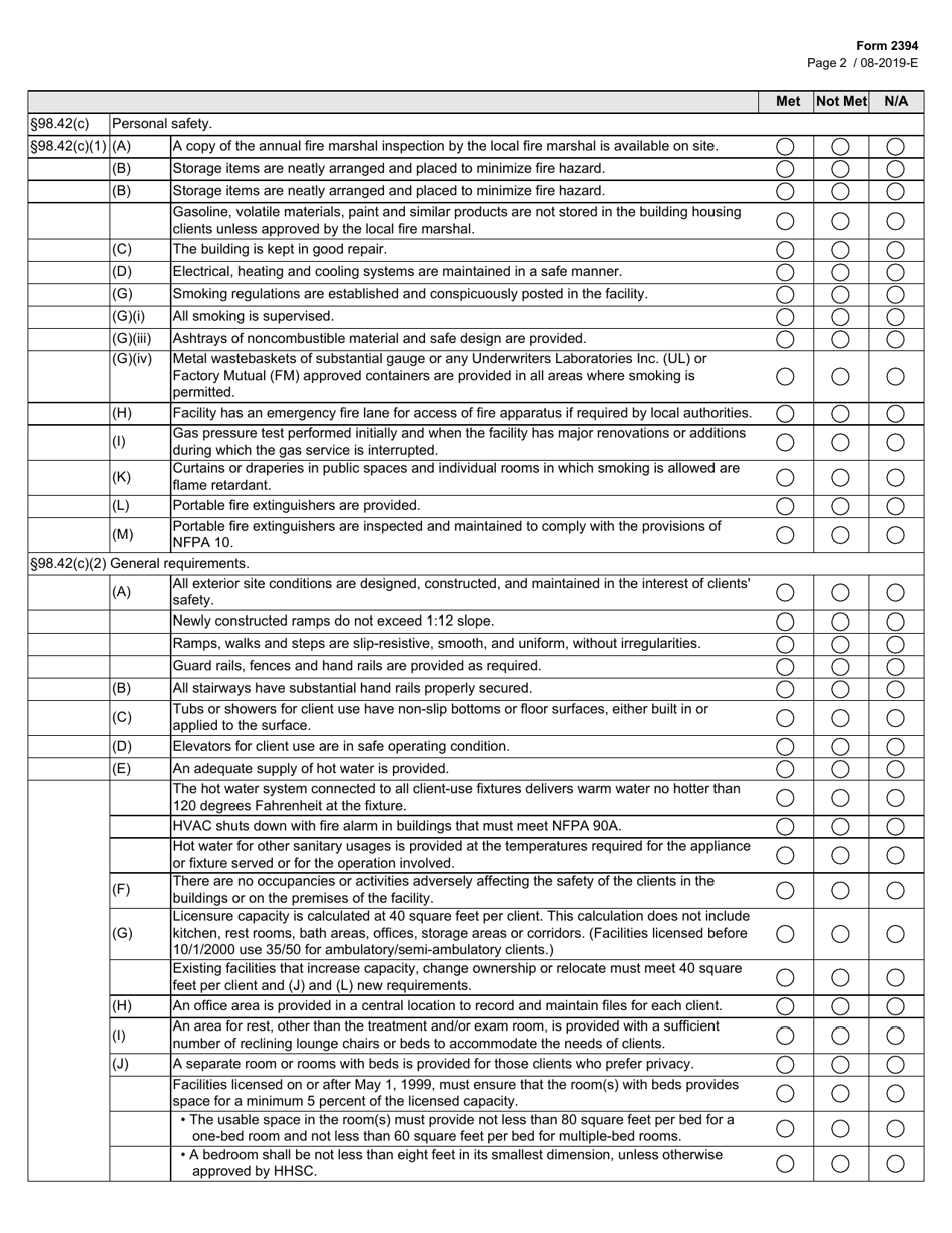 Form 2394 Day Activity and Health Services Facility Initial Life Safety Code Checklist - Texas, Page 2