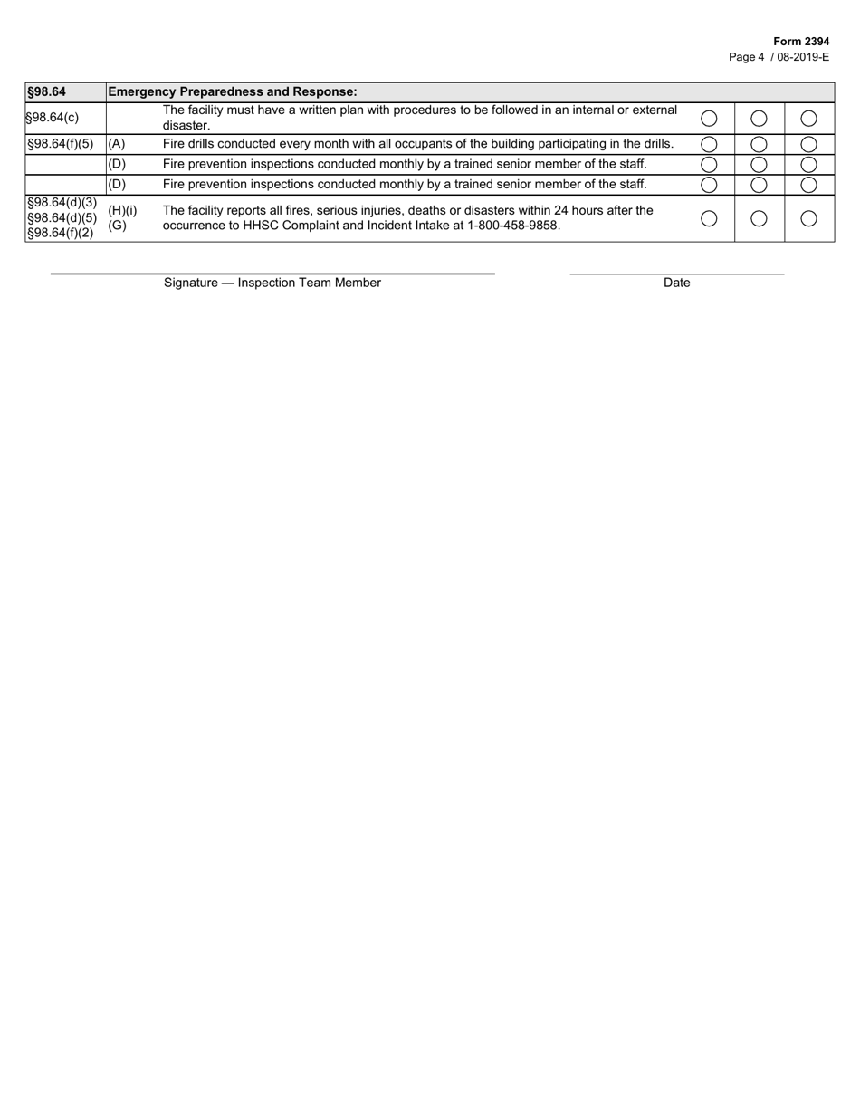 Form 2394 Day Activity and Health Services Facility Initial Life Safety Code Checklist - Texas, Page 4
