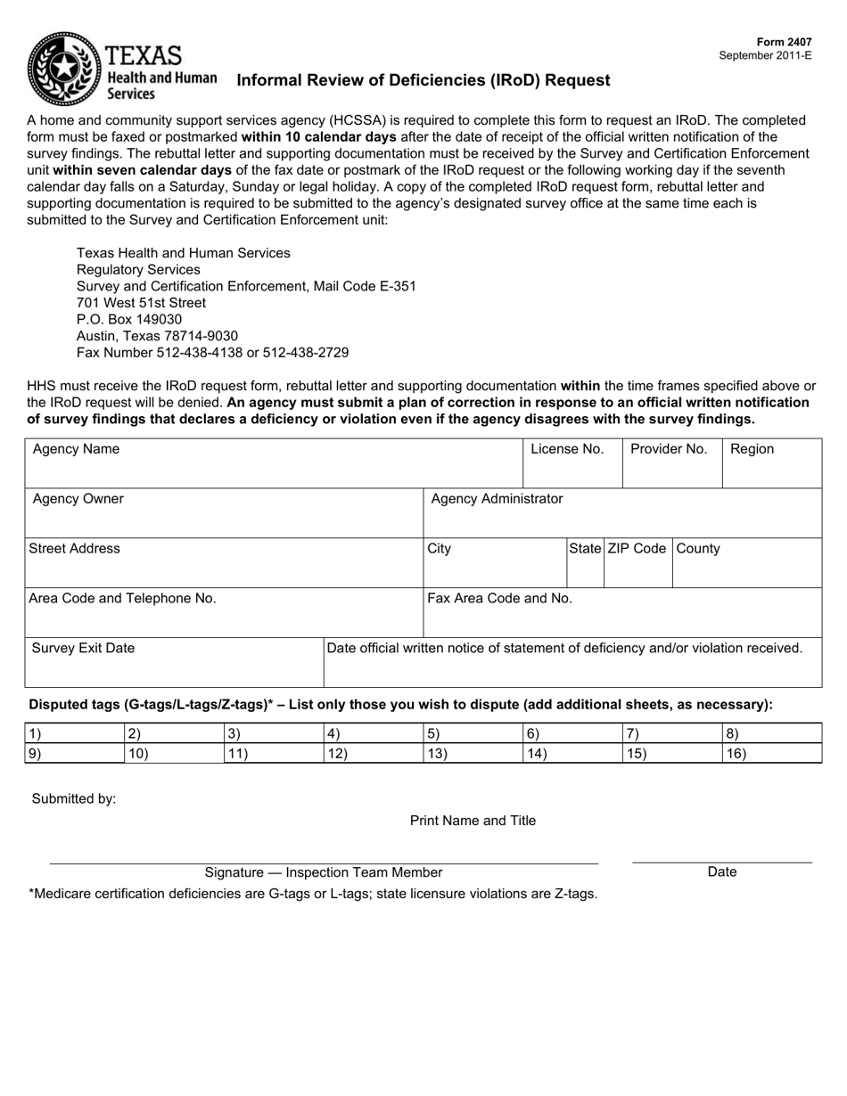 Form 2407 Informal Review of Deficiencies (Irod) Request - Texas, Page 1