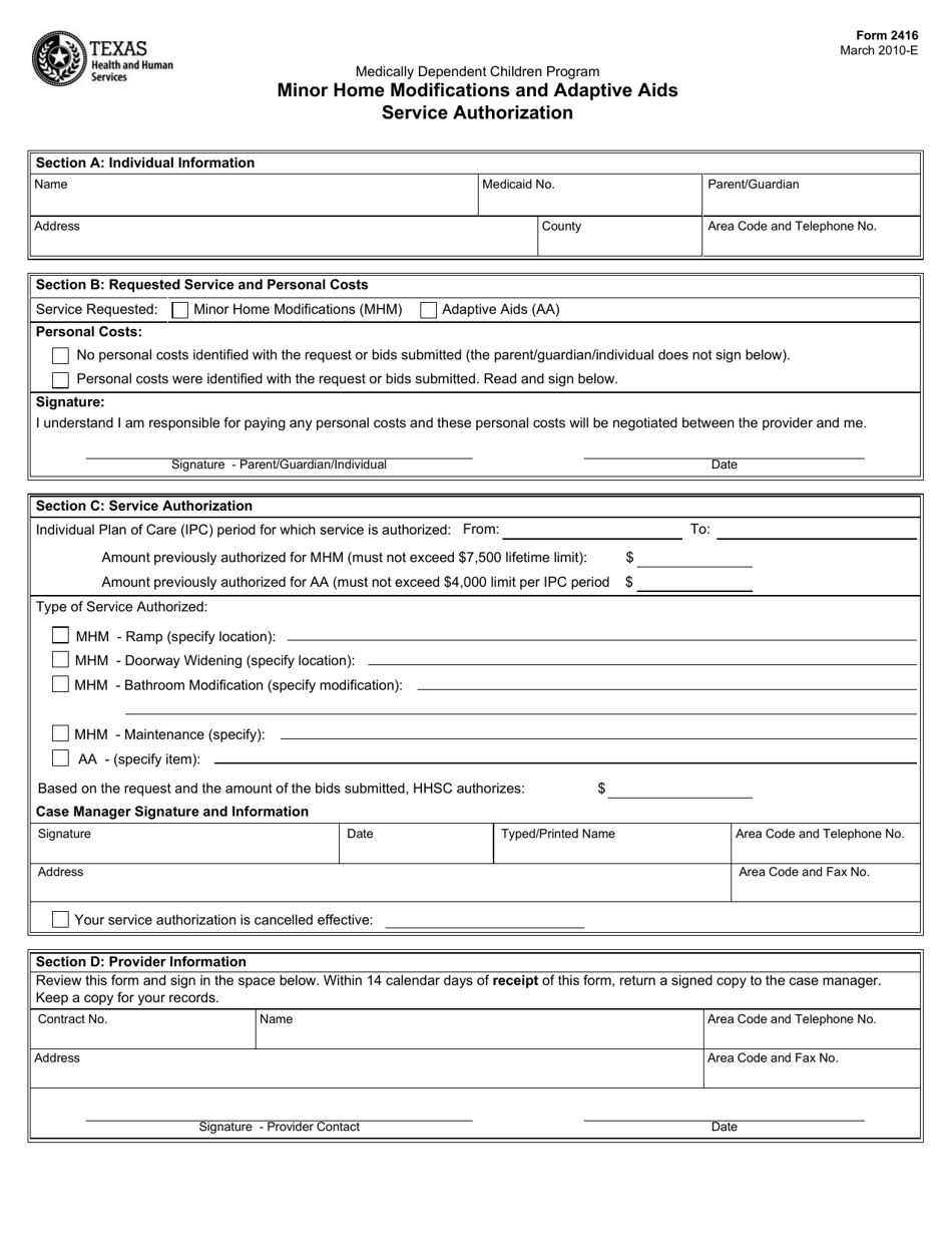 Form 2416 Minor Home Modifications and Adaptive AIDS Service Authorization - Texas, Page 1