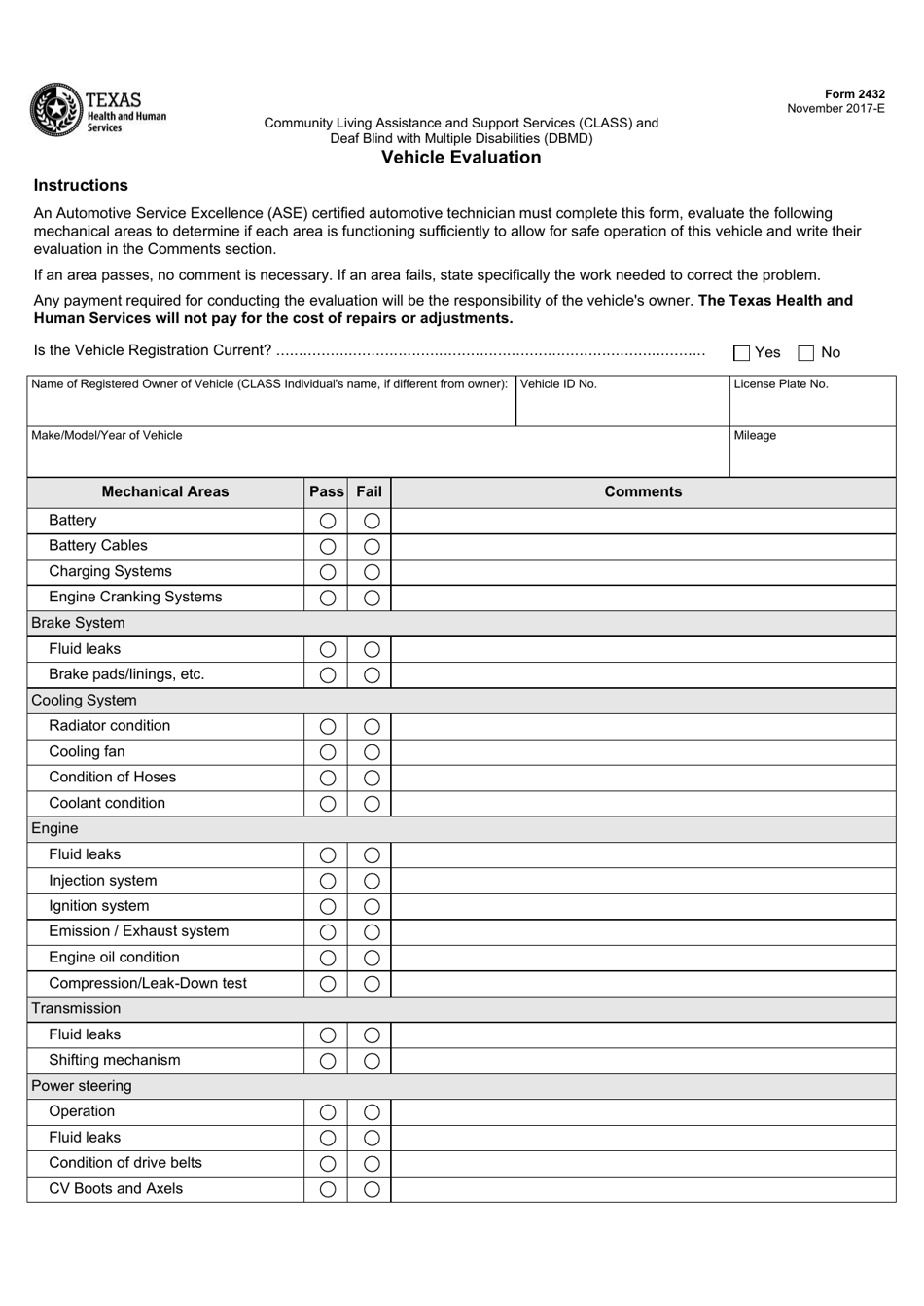 Form 2432 Community Living Assistance and Support Services (Class) and Deaf Blind With Multiple Disabilities (Dbmd) Vehicle Evaluation - Texas, Page 1
