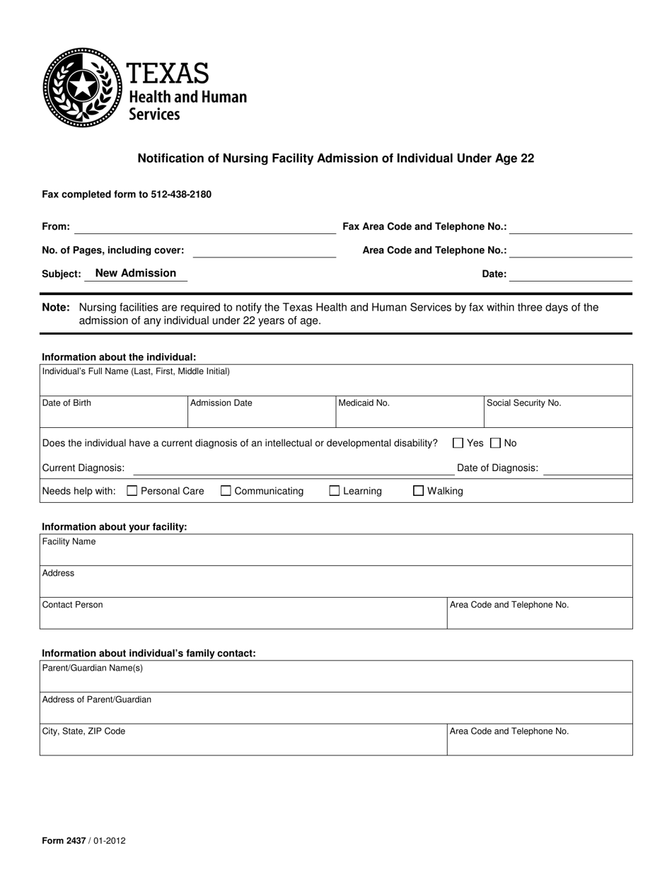 Form 2437 Notification of Nursing Facility Admission of Individual Under Age 22 - Texas, Page 1