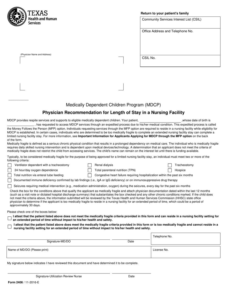Form 2406 Physician Recommendation for Length of Stay in a Nursing Facility - Texas, Page 1