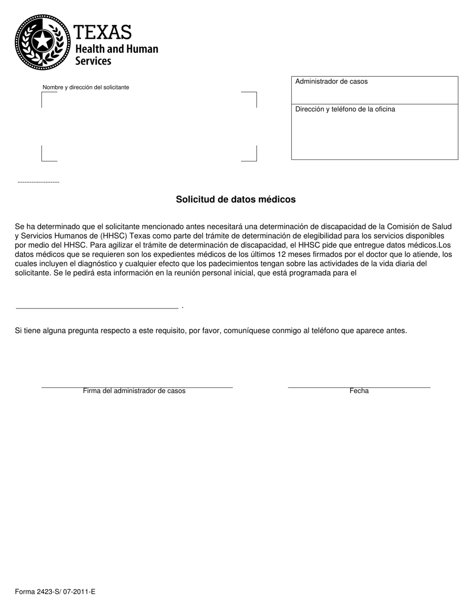 Formulario 2423-S Solicitud De Datos Medicos - Texas (Spanish), Page 1