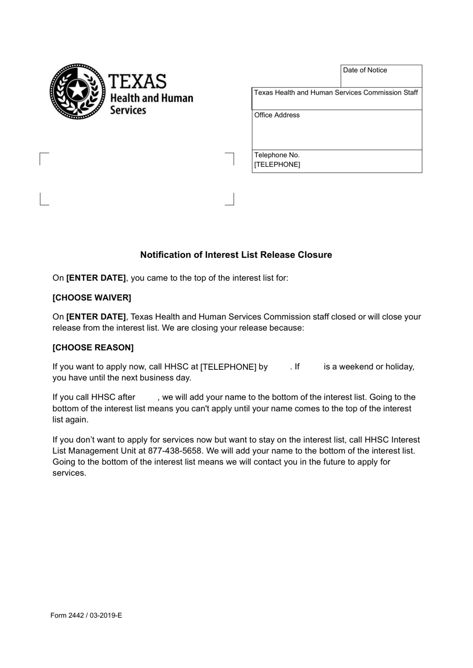 Form 2442 Notification of Interest List Release Closure - Texas, Page 1