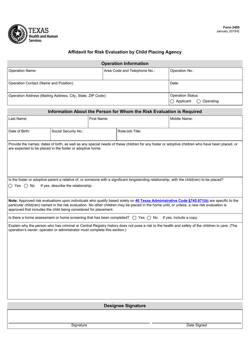 Form 2405 Affidavit for Risk Evaluation by Child Placing Agency - Texas, Page 1