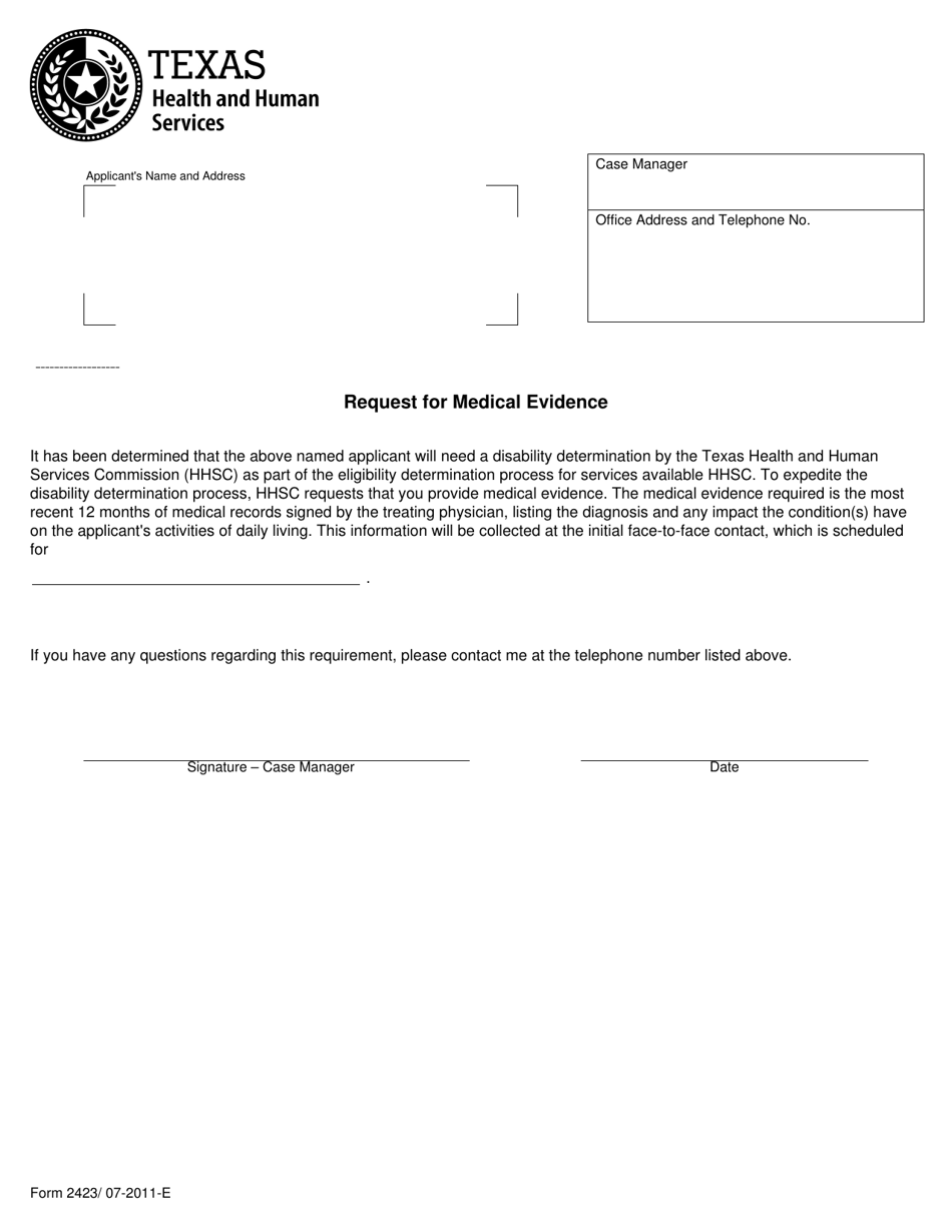 Form 2423 Request for Medical Evidence - Texas, Page 1