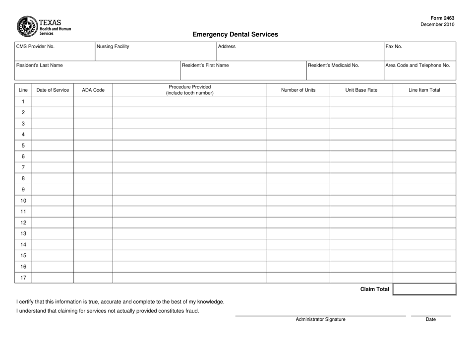 Form 2463 Emergency Dental Services - Texas, Page 1