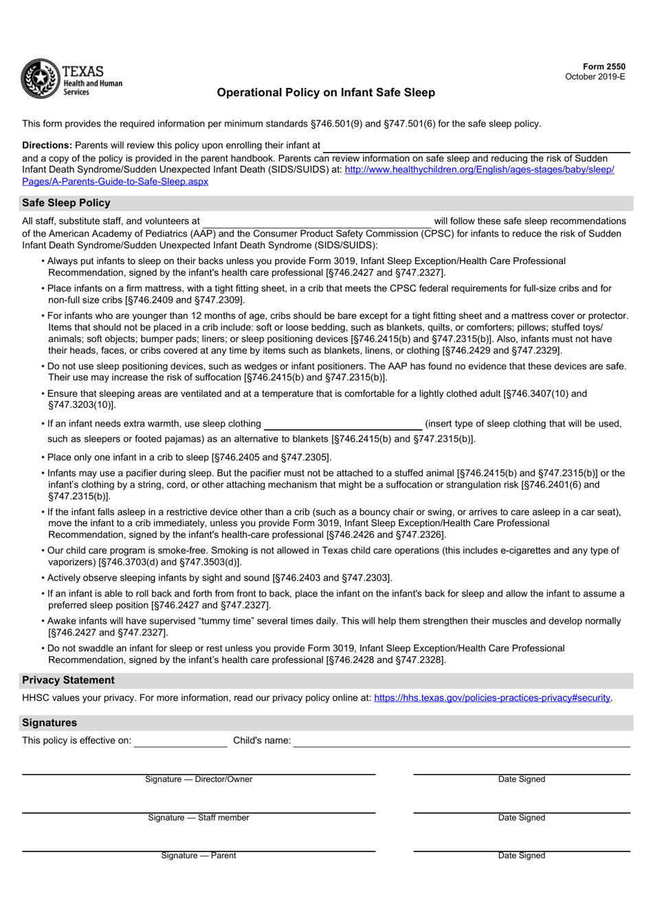 Form 2550 Operational Policy on Infant Safe Sleep - Texas, Page 1