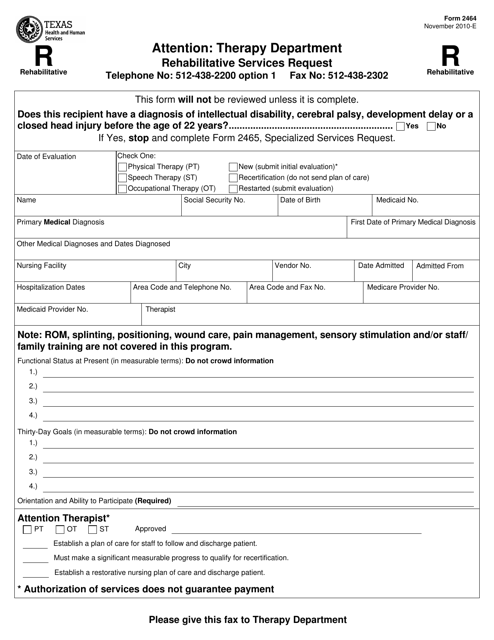 Form 2464 Rehabilitative Services Request - Texas