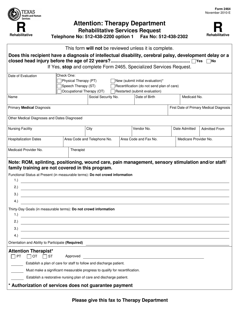 Form 2464 Rehabilitative Services Request - Texas, Page 1
