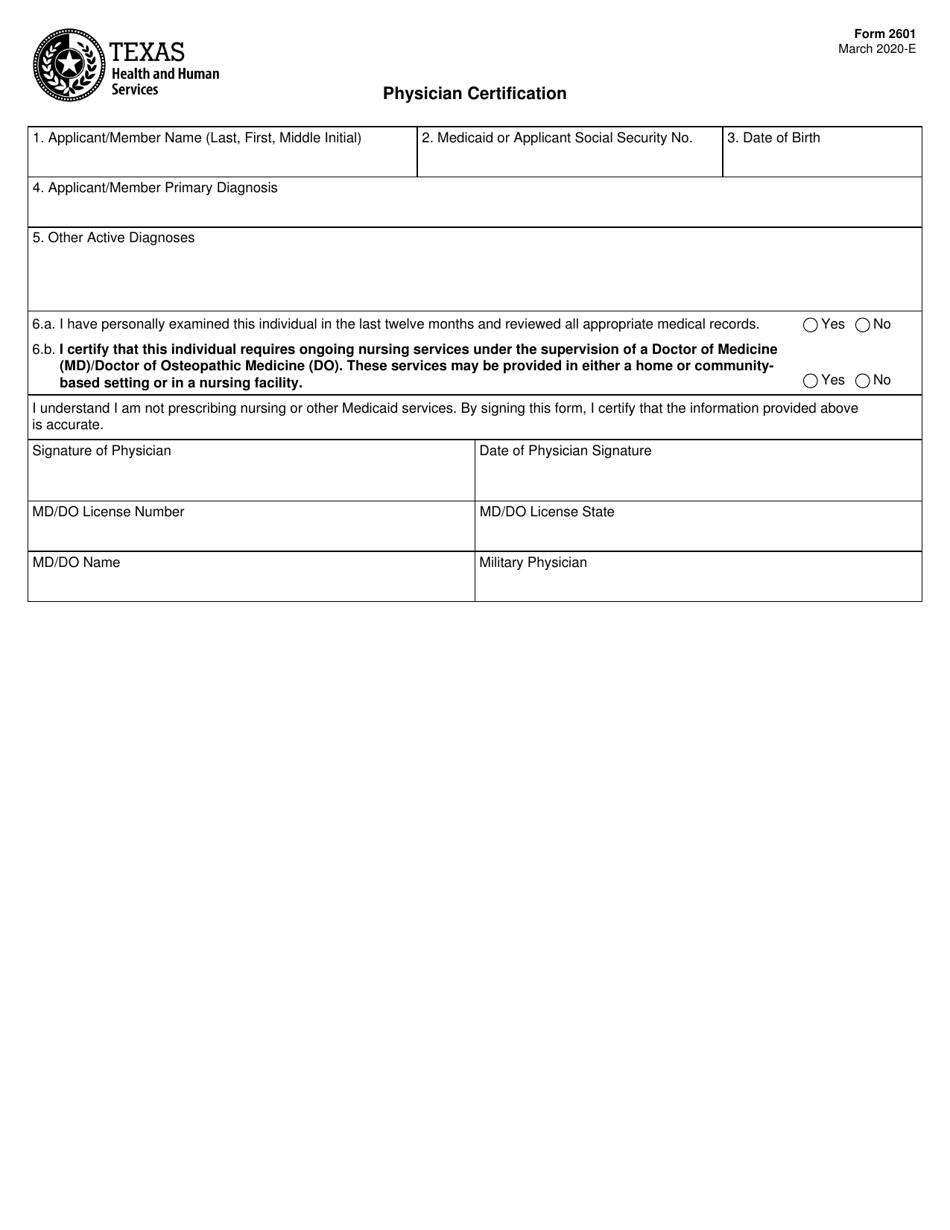 Form 2601 Physician Certification - Texas, Page 1
