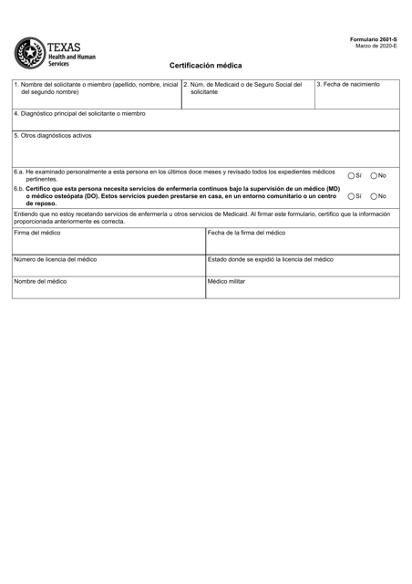 Formulario 2601-S Certificacion Medica - Texas (Spanish)