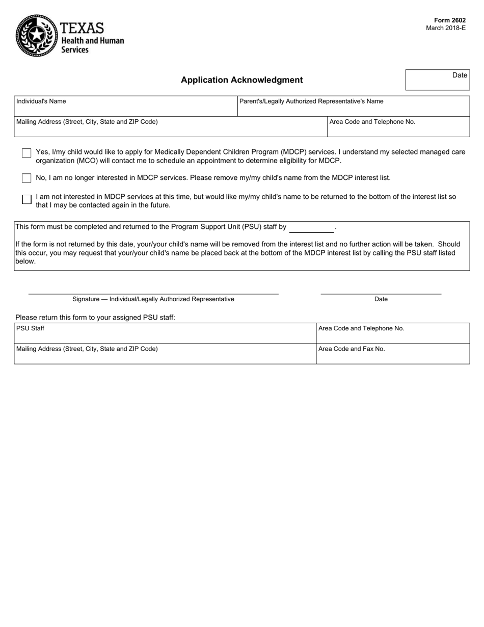 Form 2602 Application Acknowledgment - Texas, Page 1