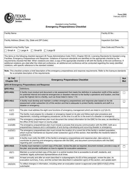 Form 2393 Assisted Living Facilities Emergency Preparedness Checklist - Texas