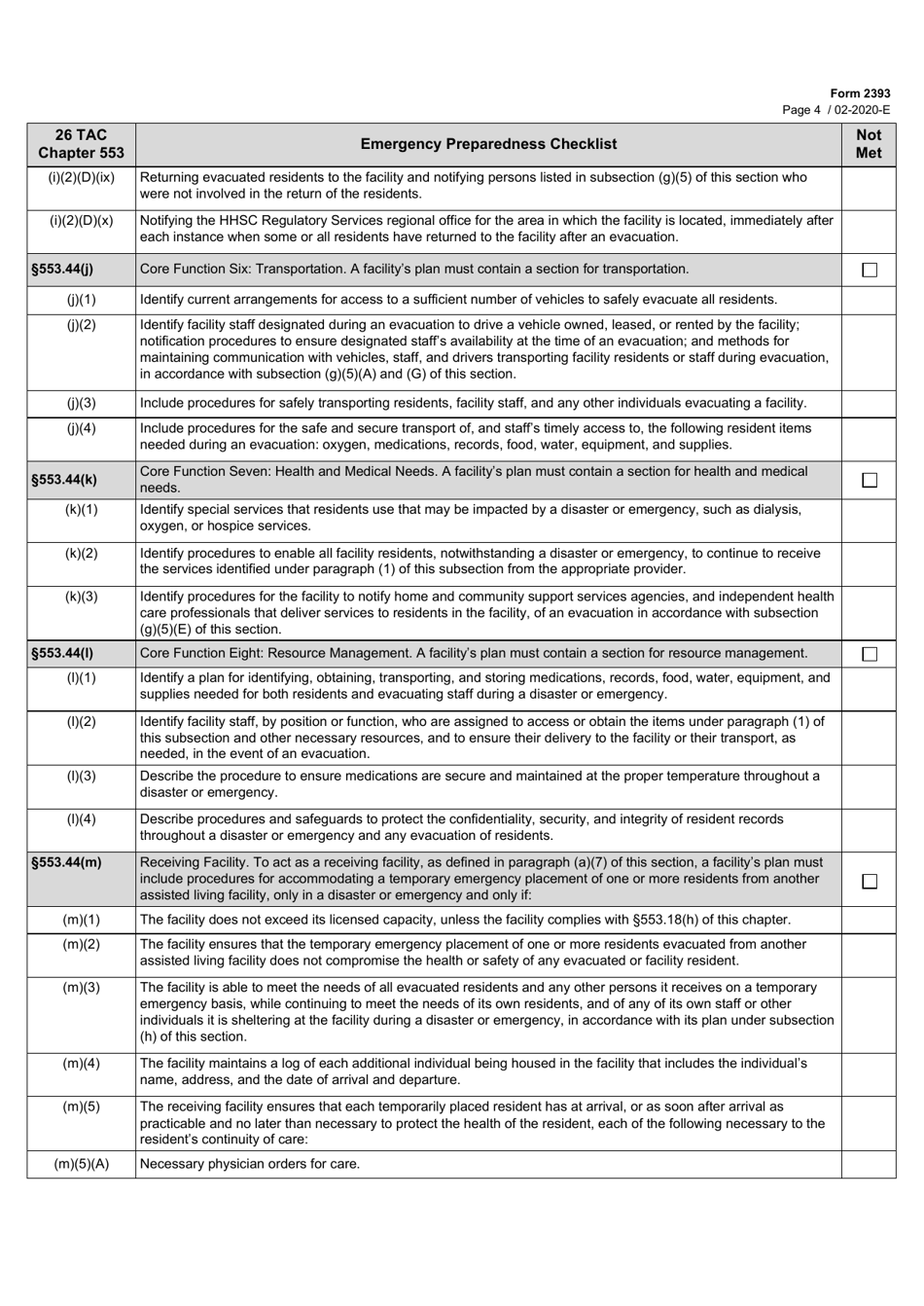Form 2393 Assisted Living Facilities Emergency Preparedness Checklist - Texas, Page 4