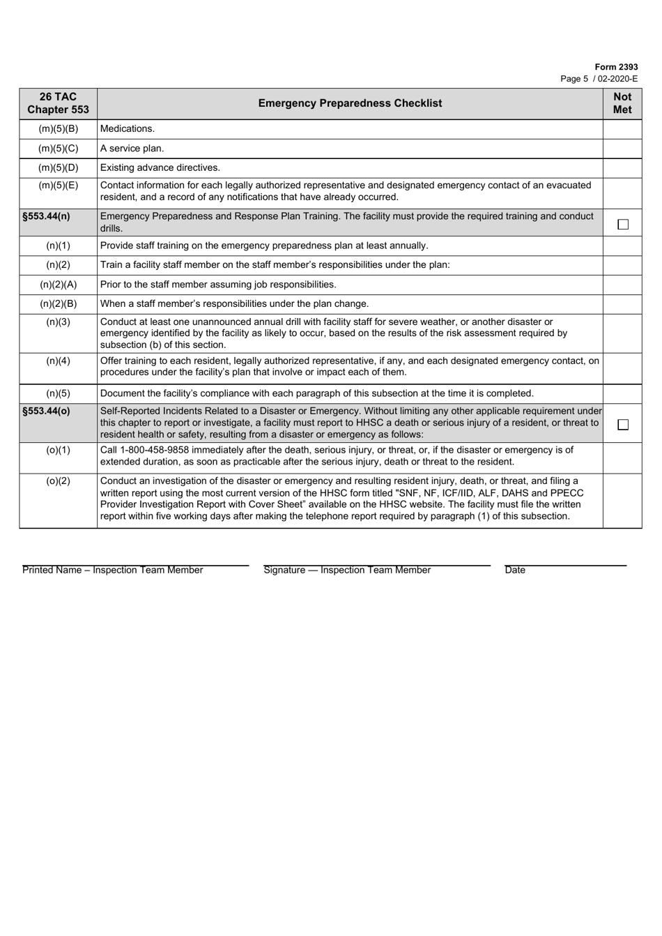 Form 2393 Assisted Living Facilities Emergency Preparedness Checklist - Texas, Page 5