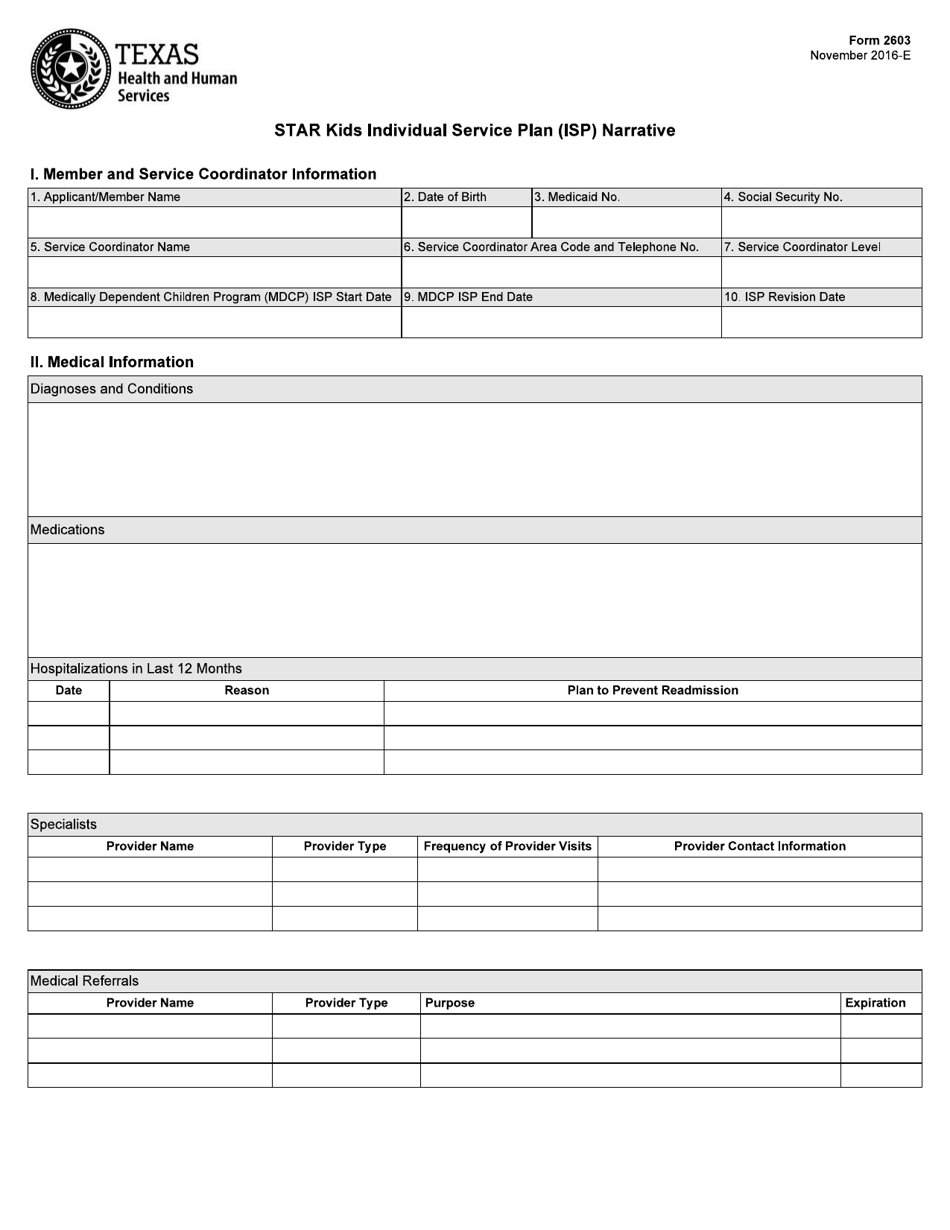 Form 2603 Star Kids Individual Service Plan (Isp) Narrative - Texas, Page 1