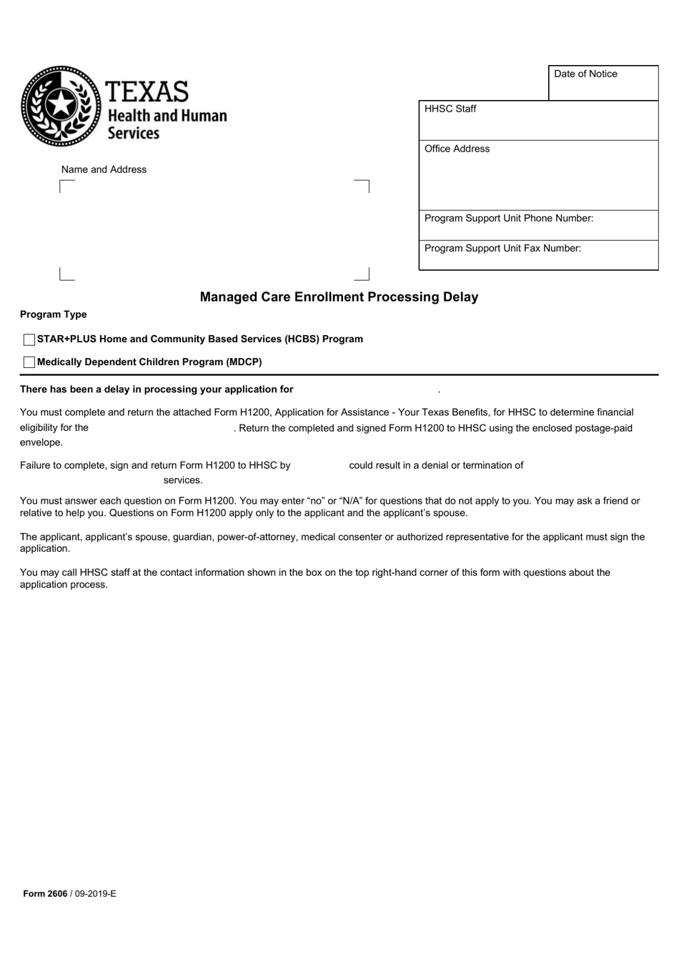 Form 2606 Managed Care Enrollment Processing Delay - Texas, Page 1