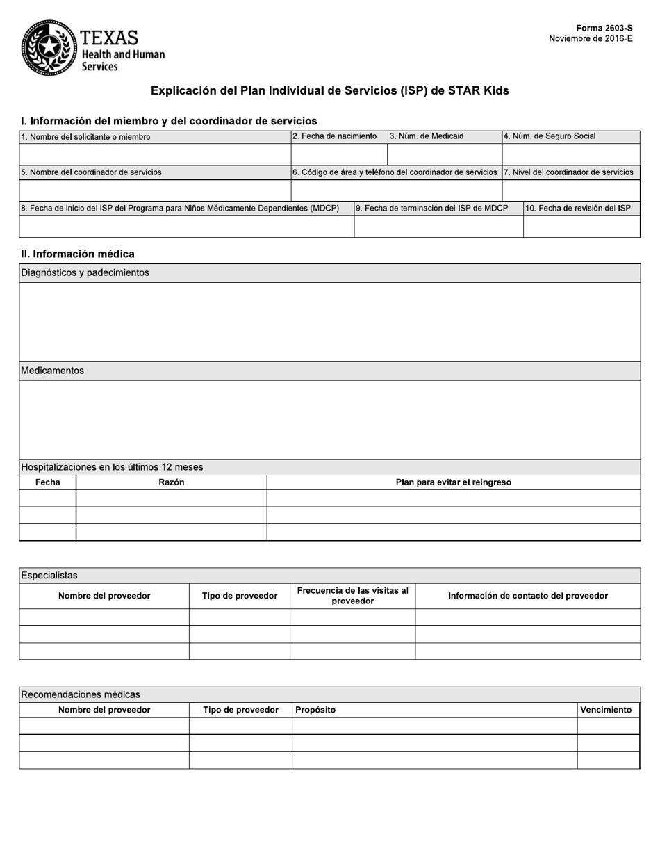 Formulario 2603-S Explicacion Del Plan Individual De Servicios (Isp) De Star Kids - Texas (Spanish), Page 1