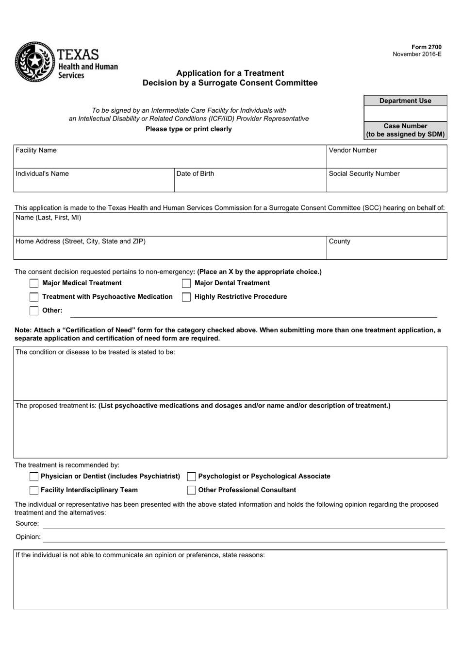 Form 2700 Application for a Treatment Decision by a Surrogate Consent Committee - Texas, Page 1