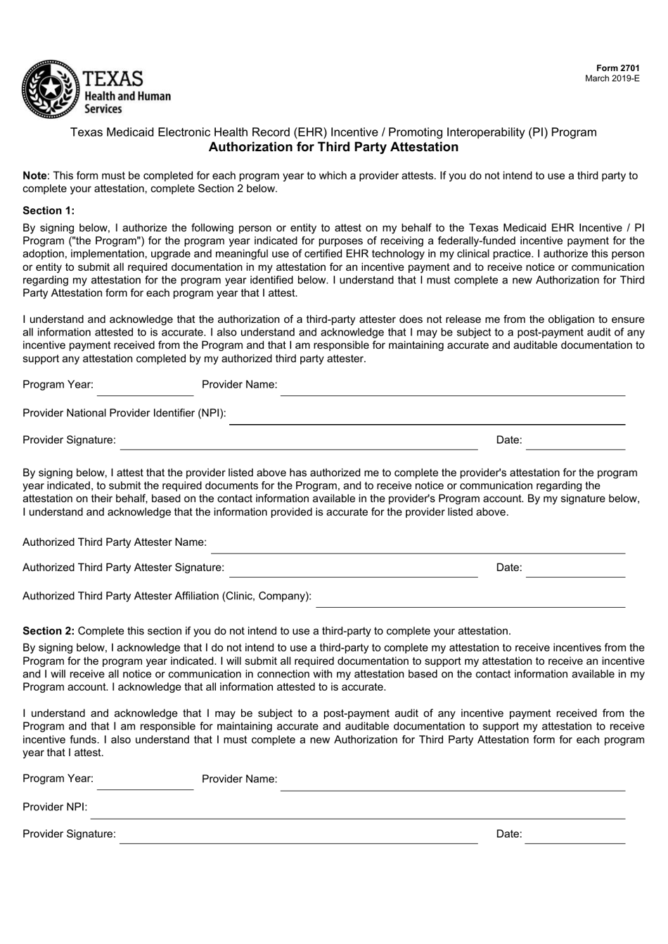 Form 2701 Authorization for Third Party Attestation - Texas, Page 1