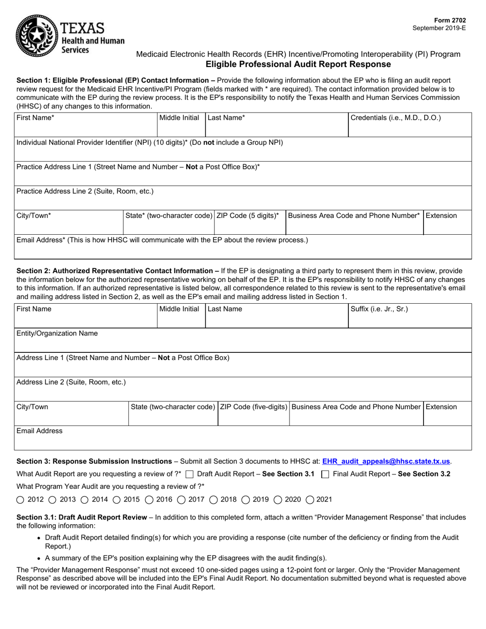 Form 2702 Eligible Professional Audit Report Response - Texas, Page 1